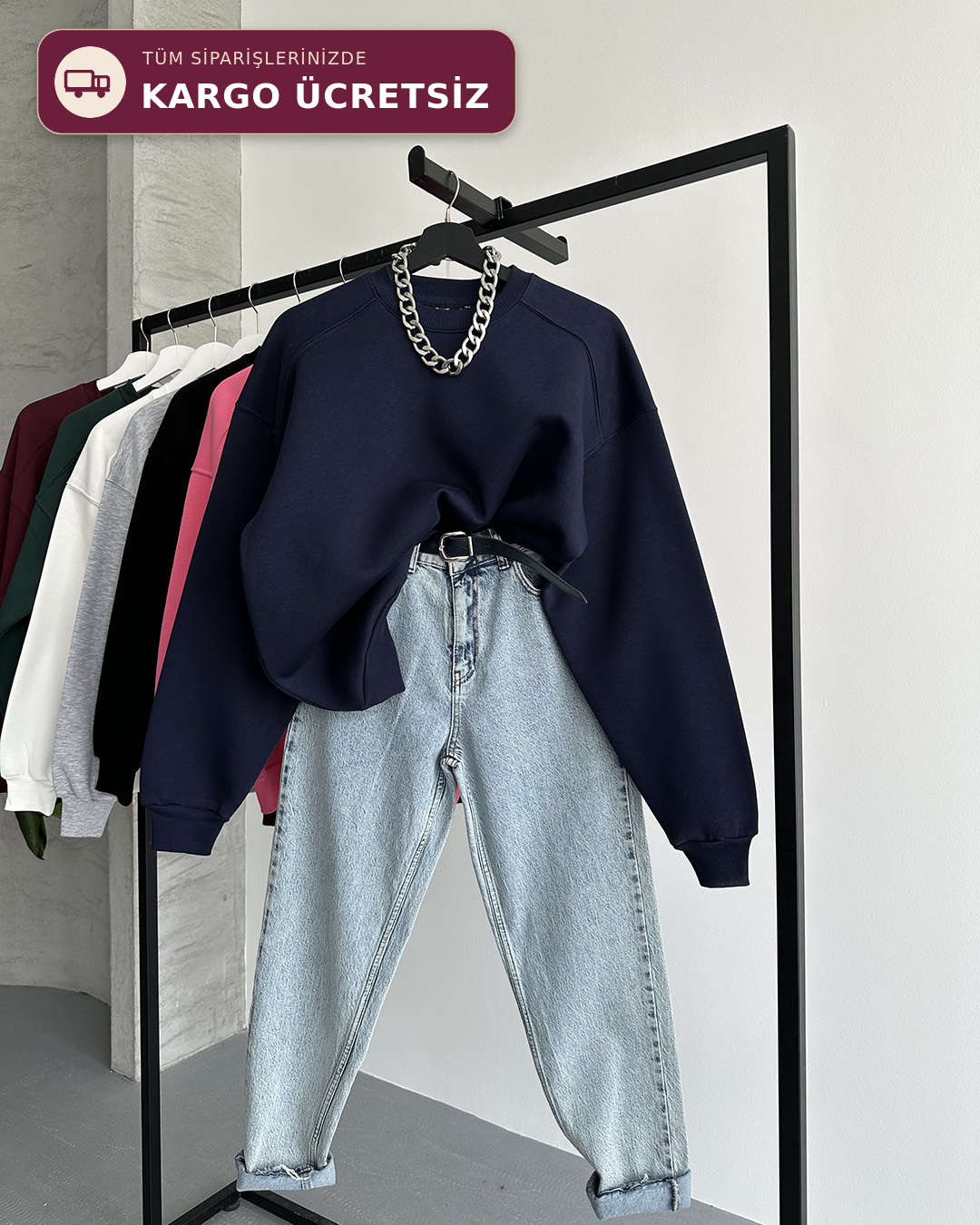 Unisex Düz Lacivert Sweatshirt