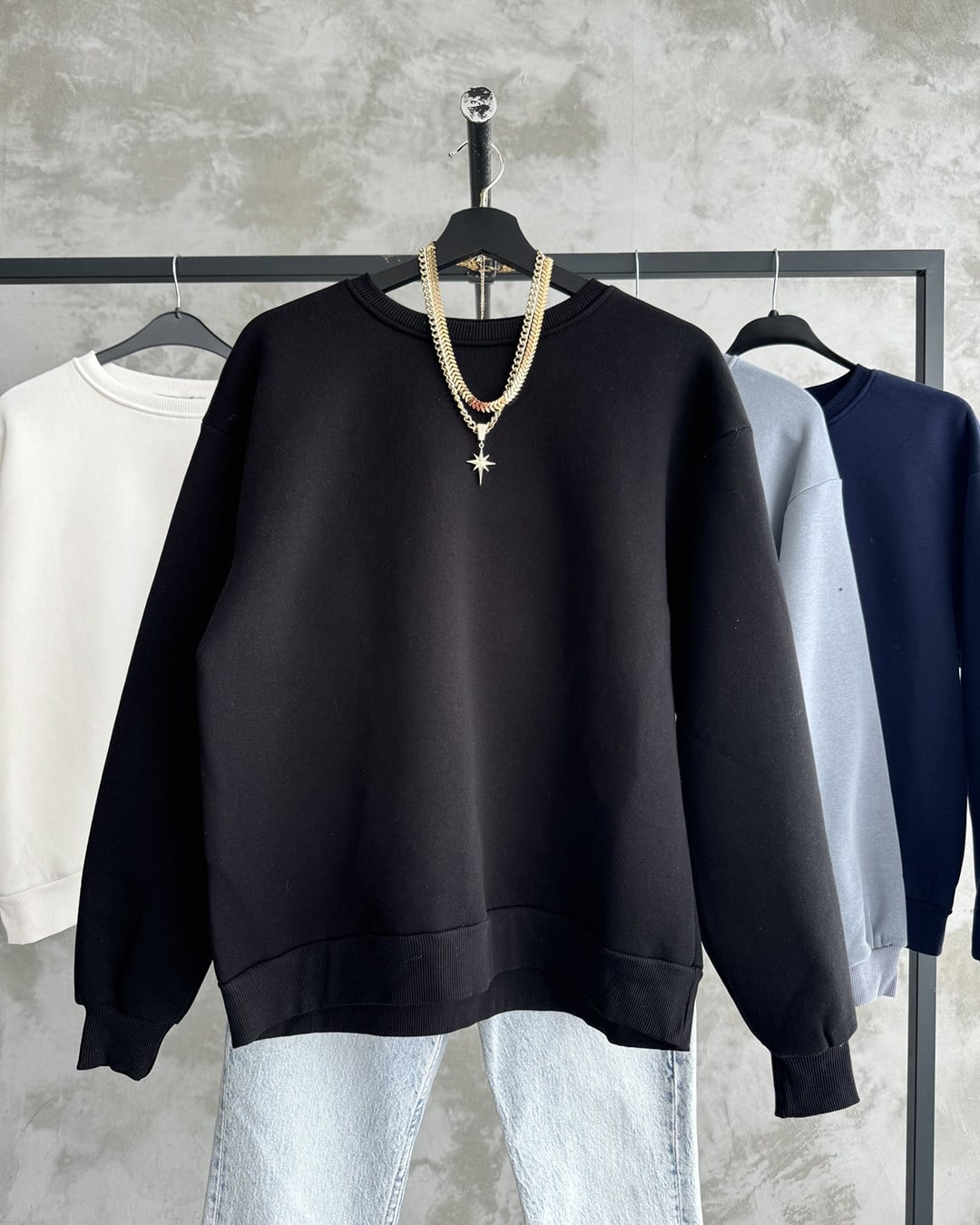 Unisex Düz Siyah Sweatshirt