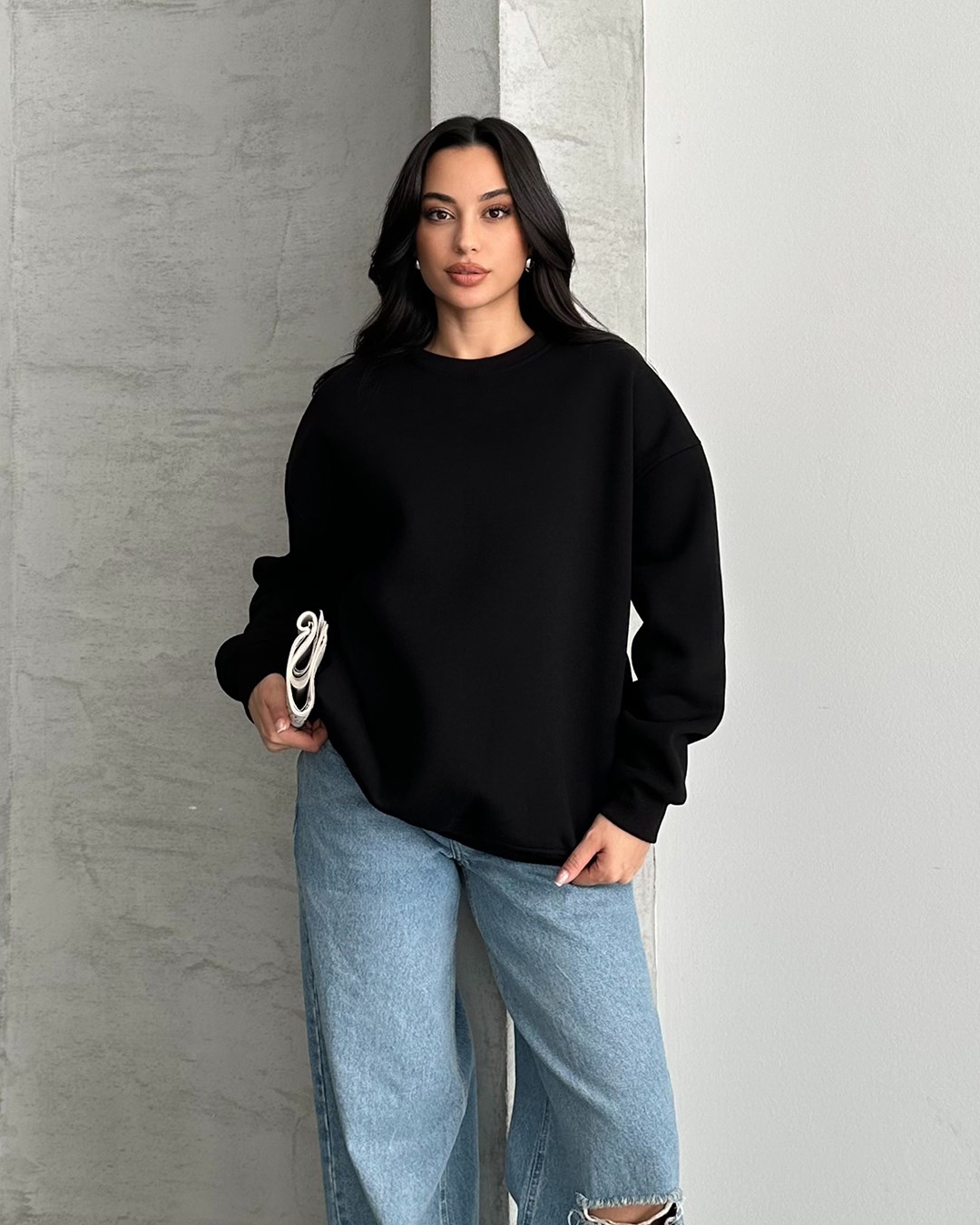 Unisex Düz Siyah Sweatshirt