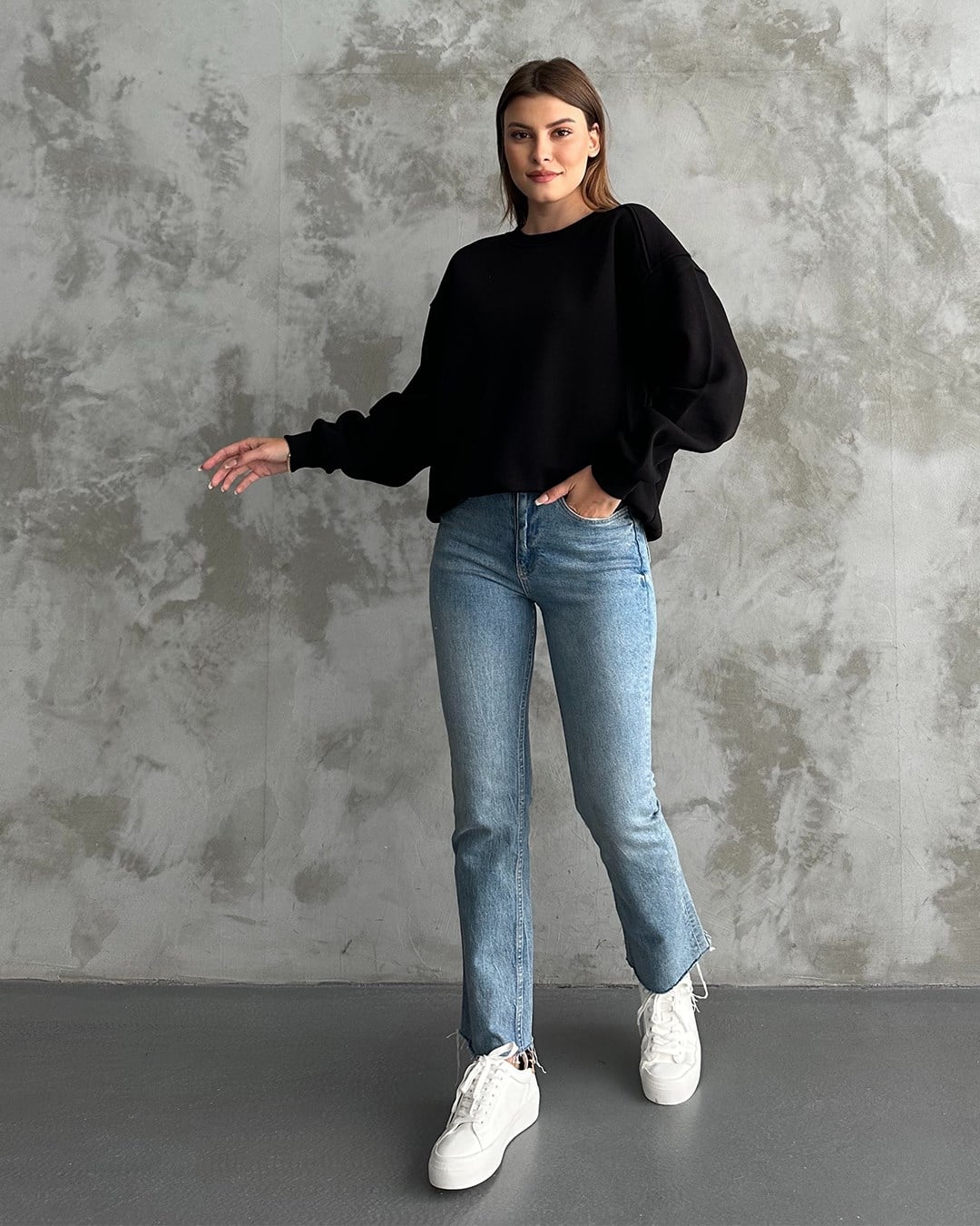Unisex Düz Siyah Sweatshirt