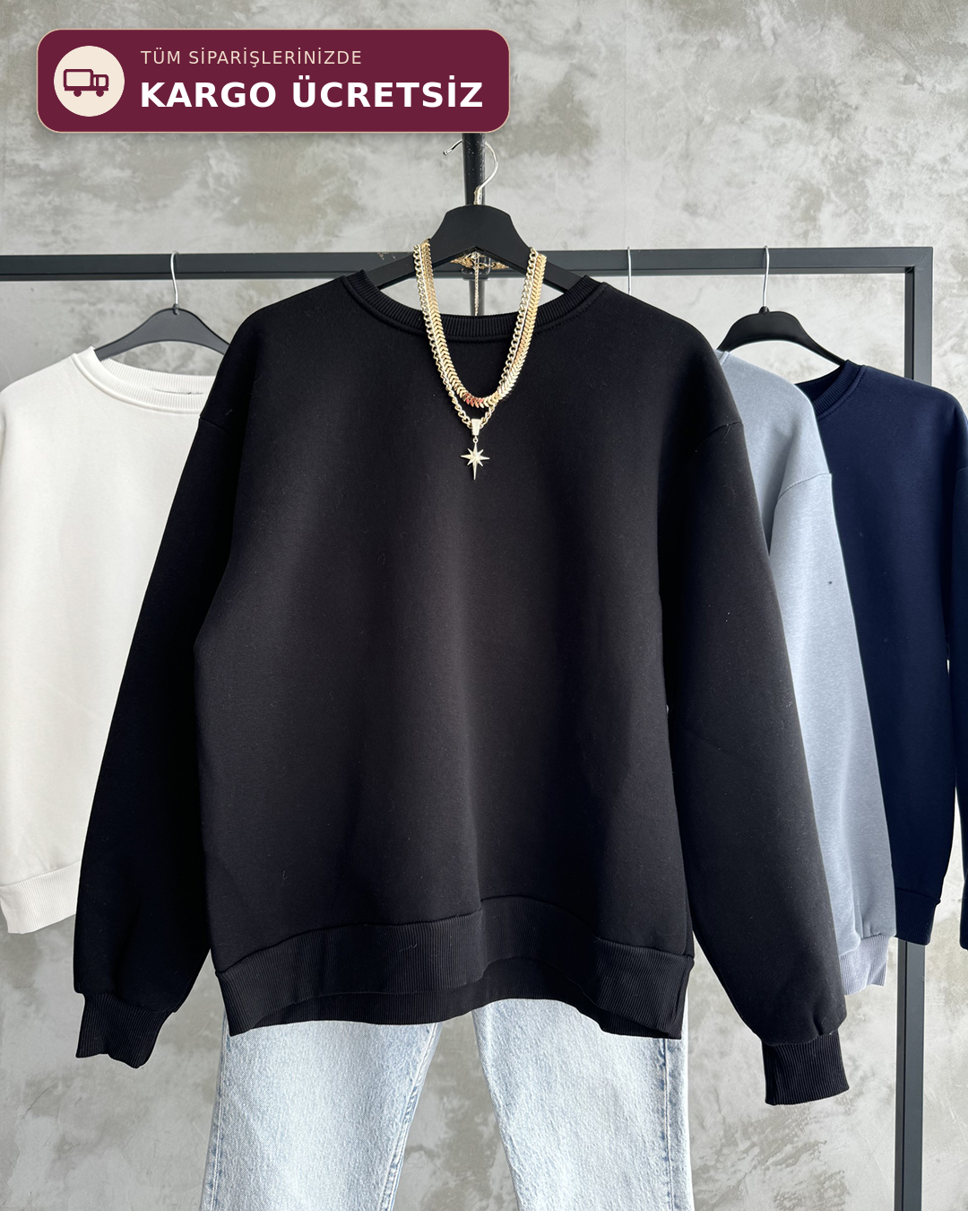 Unisex Düz Siyah Sweatshirt