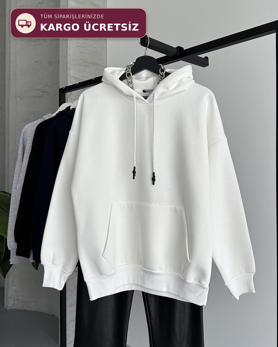 Unisex Kanguru Cepli Kapüşonlu Beyaz Sweatshirt