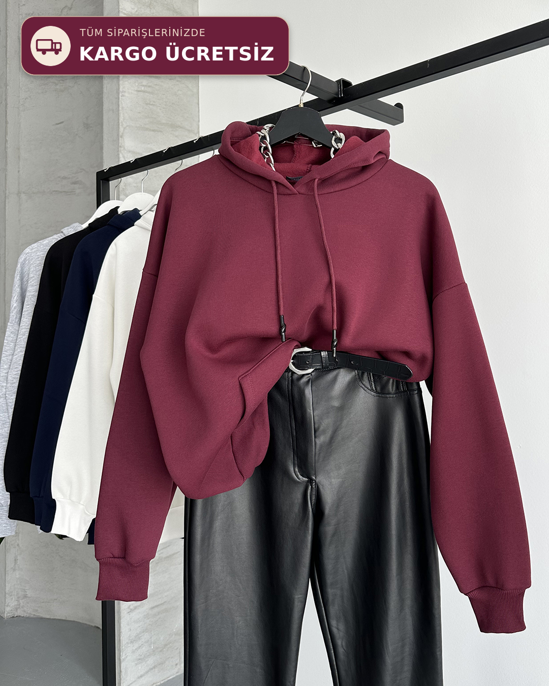 Unisex Kanguru Cepli Kapüşonlu Bordo Sweatshirt