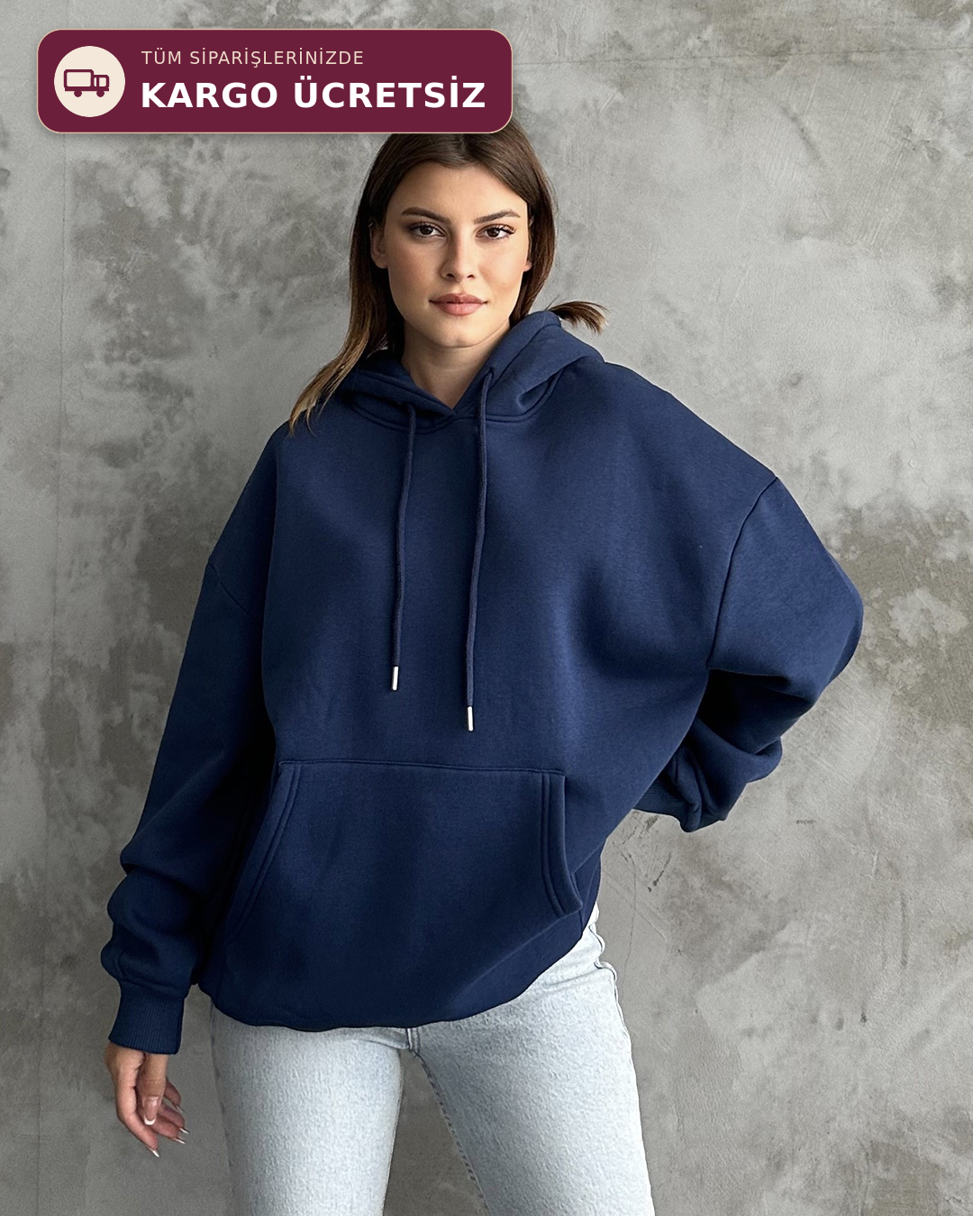 Unisex Kanguru Cepli Kapüşonlu Lacivert Sweatshirt