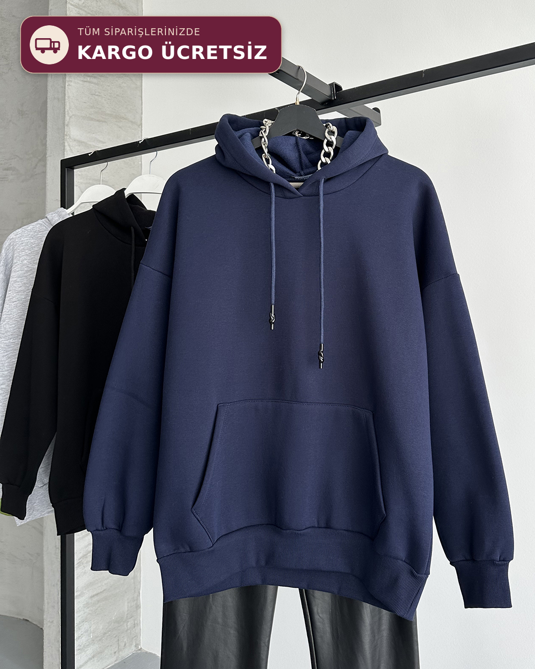 Unisex Kanguru Cepli Kapüşonlu Lacivert Sweatshirt