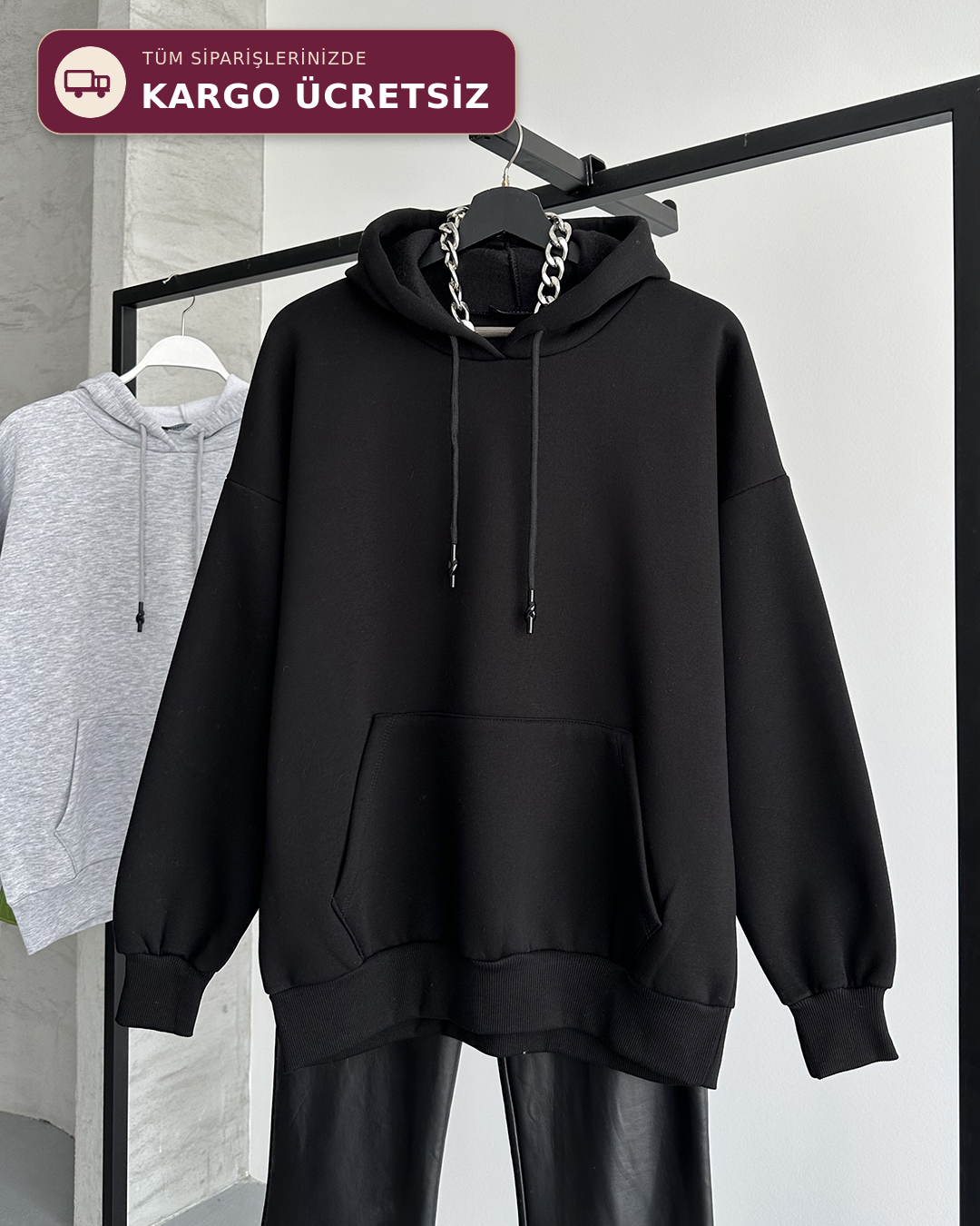 Unisex Kanguru Cepli Kapüşonlu Siyah Sweatshirt