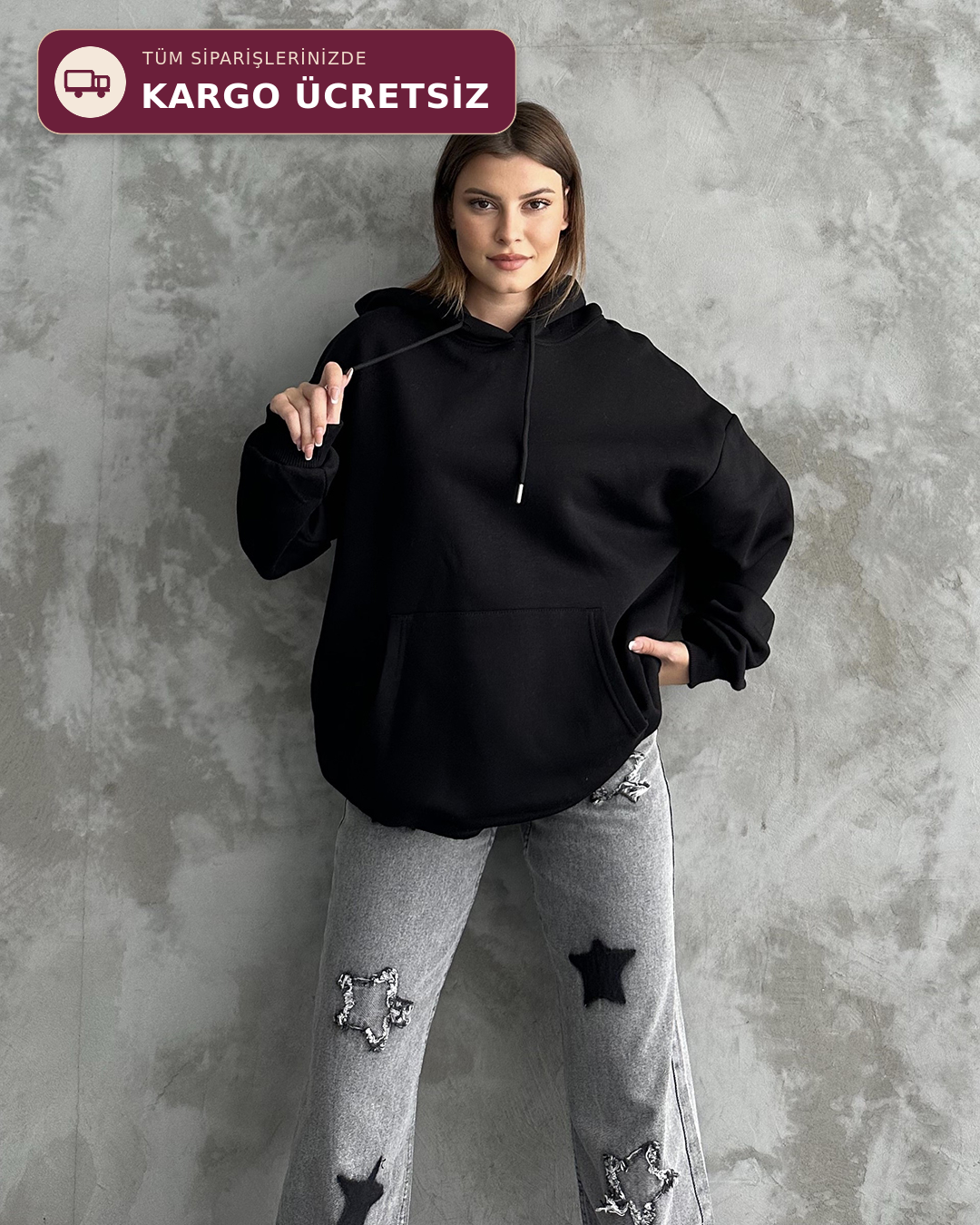 Unisex Kanguru Cepli Kapüşonlu Siyah Sweatshirt
