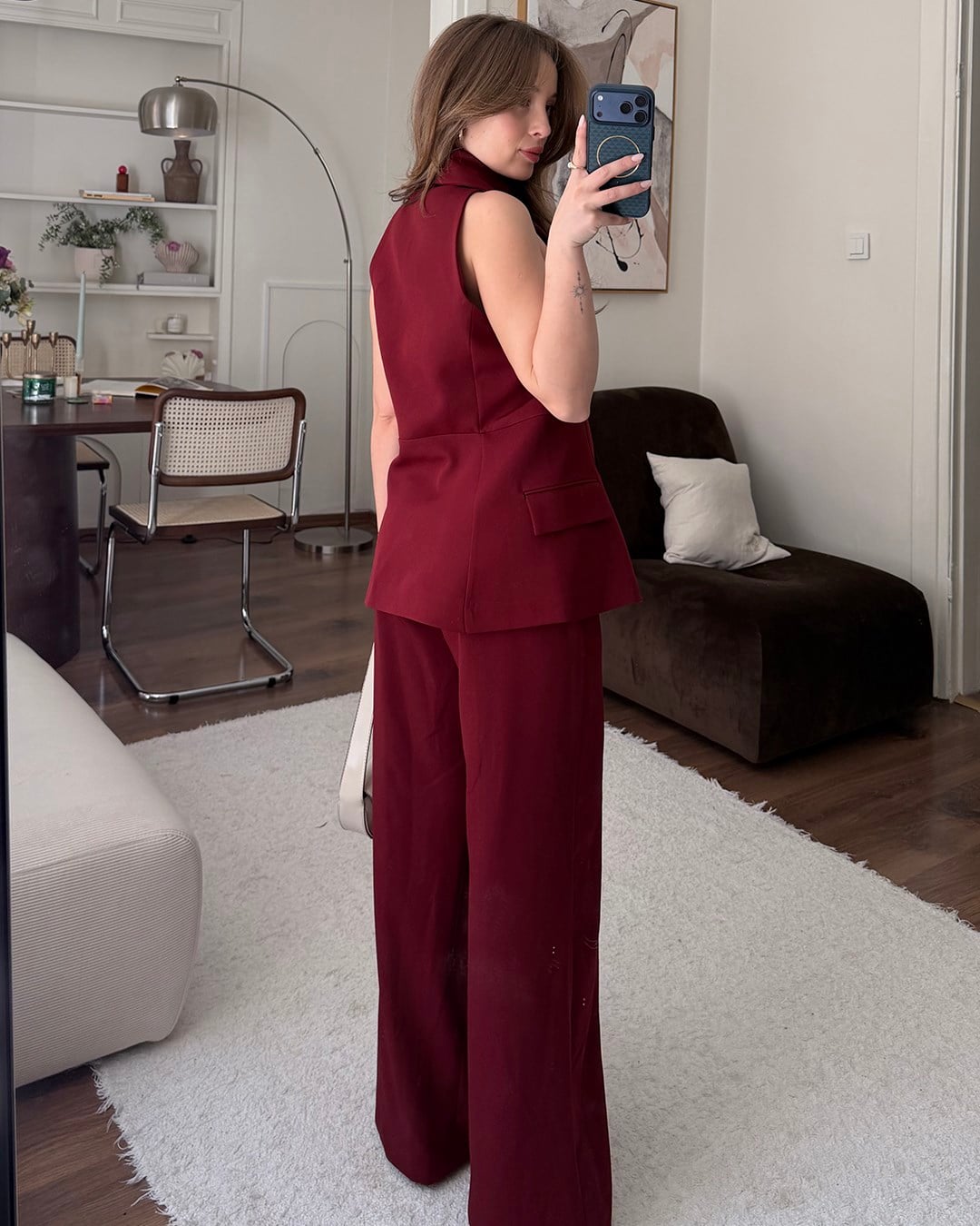 Valeria Gold Düğme Detaylı Bordo Yelek Pantolon Takım