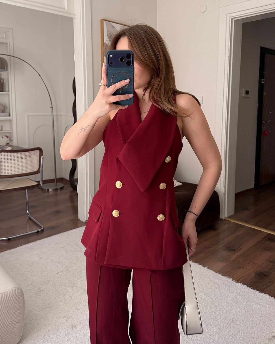 Valeria Gold Düğme Detaylı Bordo Yelek Pantolon Takım