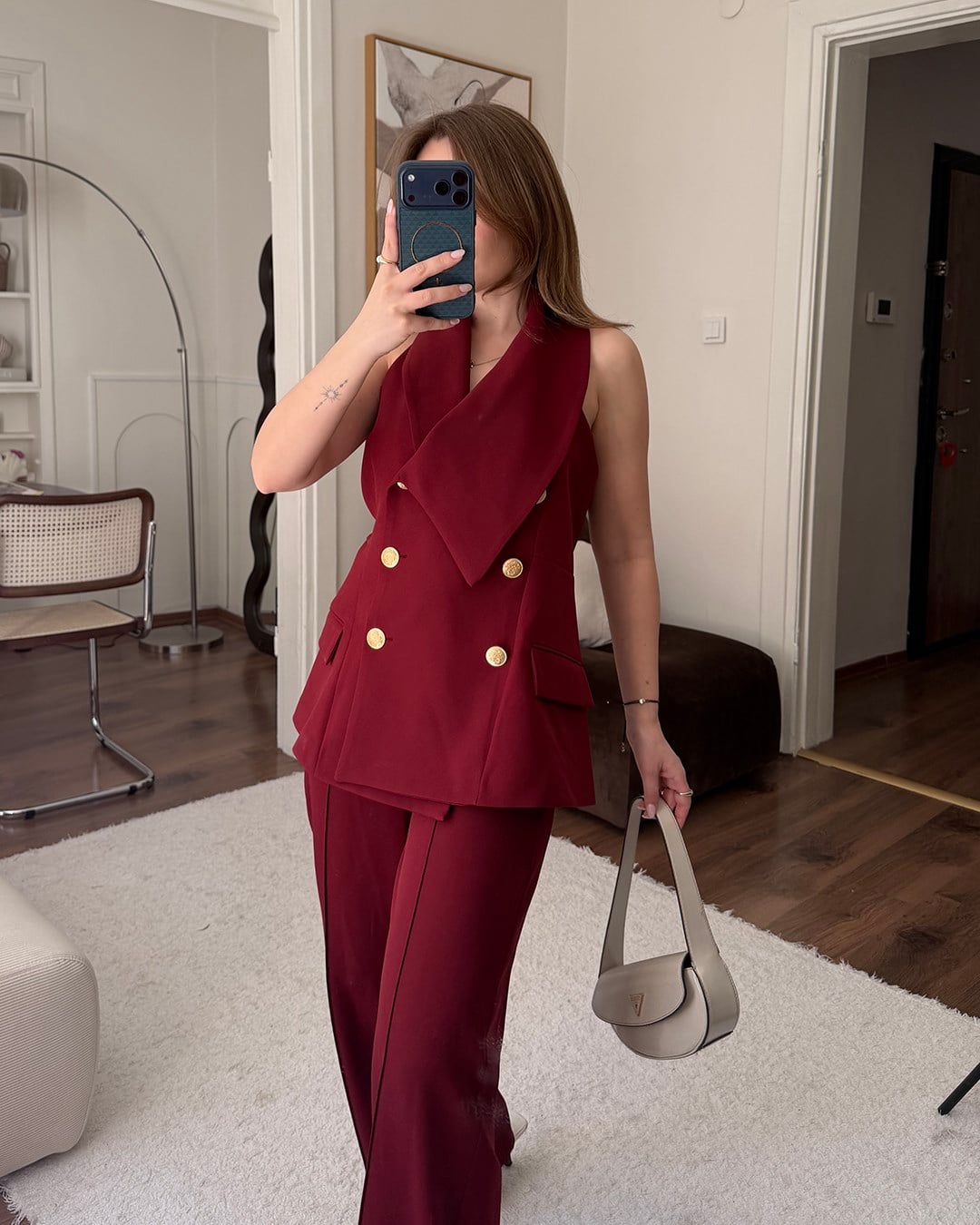Valeria Gold Düğme Detaylı Bordo Yelek Pantolon Takım