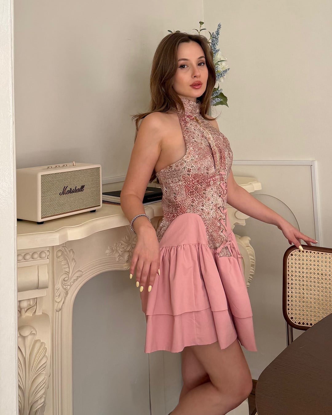 Vintage Çiçekli Halter Yaka Korse Elbise 