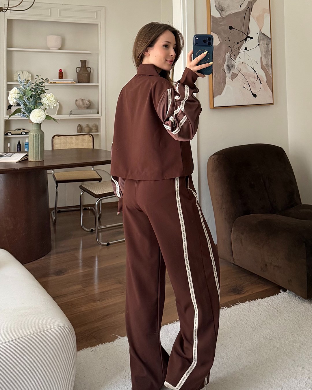 Vintage Saten Detaylı Bomber Ceket Kahverengi İkili Takım