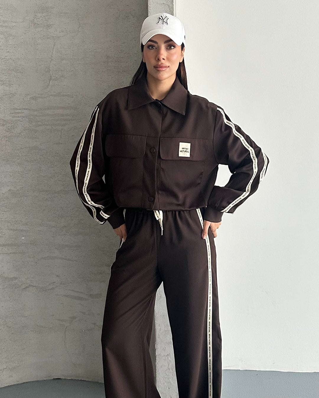 Vintage Saten Detaylı Bomber Ceket Kahverengi İkili Takım