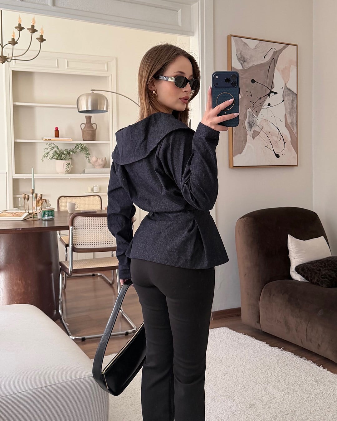 Büyük Yaka Fermuarlı Kemerli Denim Gömlek Ceket