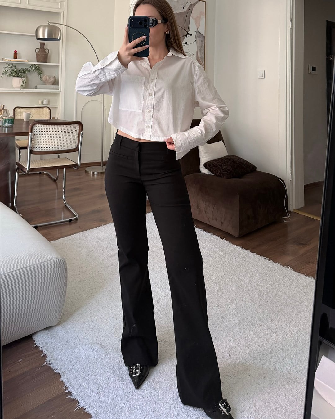 Slim Fit Yüksek Bel İspanyol Paça Siyah Pantolon