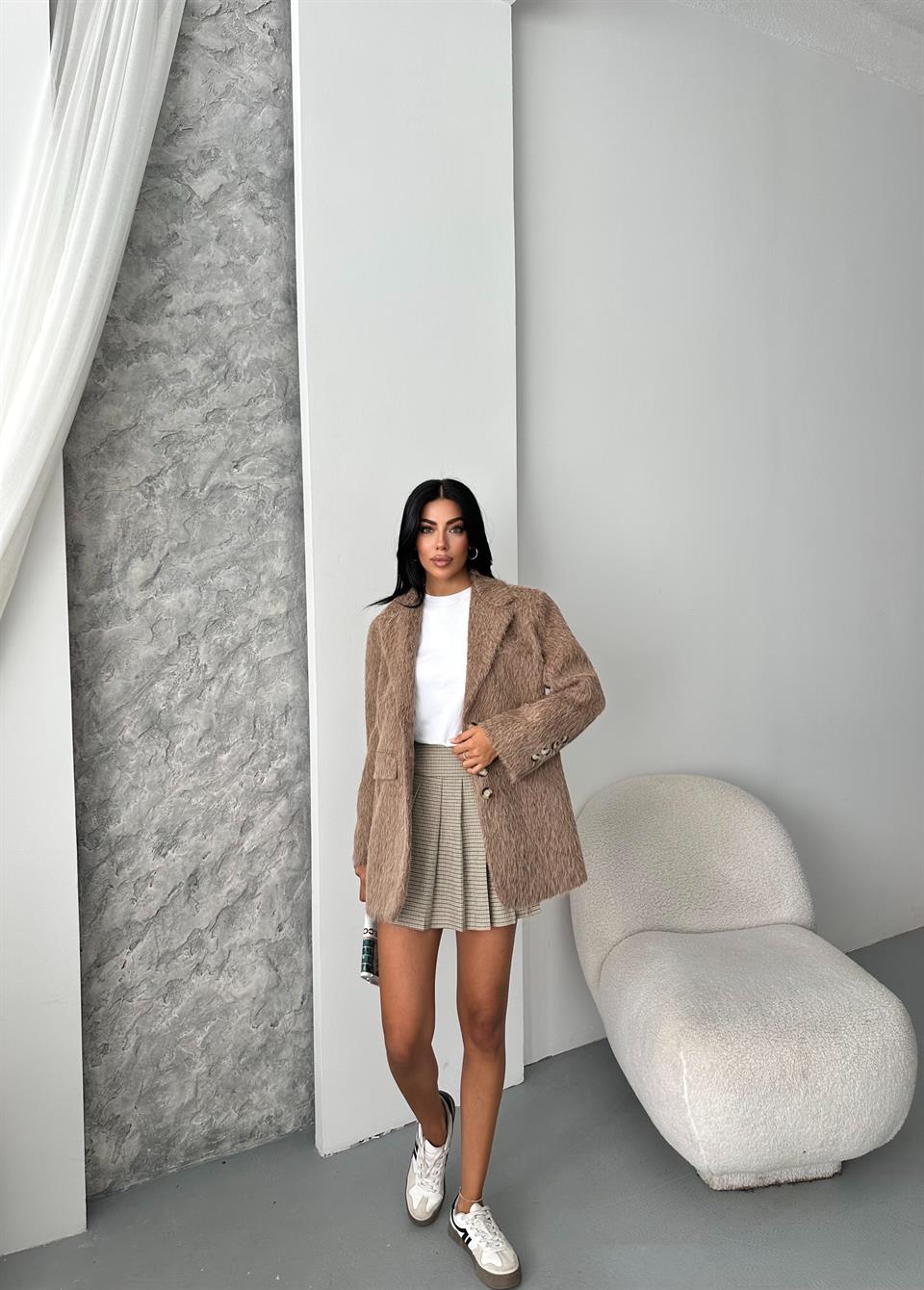 4 Düğmeli Kahverengi Kaşe Blazer Ceket