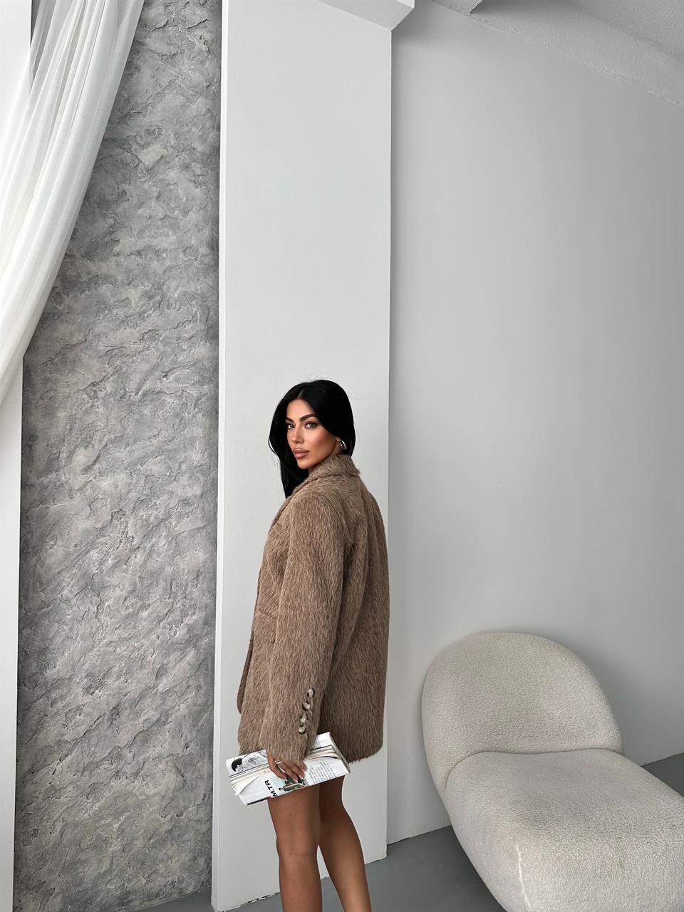 4 Düğmeli Kahverengi Kaşe Blazer Ceket