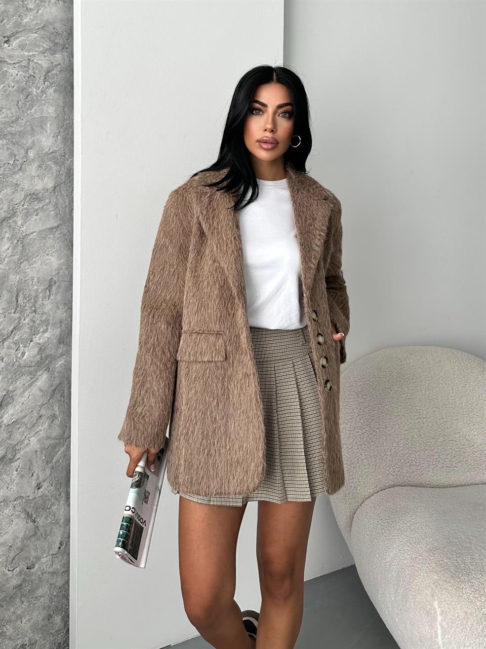 4 Düğmeli Kahverengi Kaşe Blazer Ceket