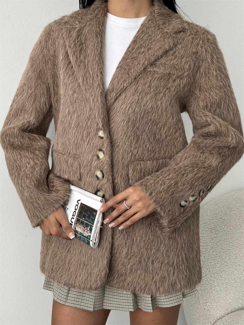 4 Düğmeli Kahverengi Kaşe Blazer Ceket