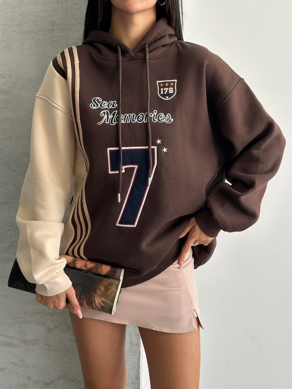 7 Sea Kapüşonlu Kahverengi Sweatshirt
