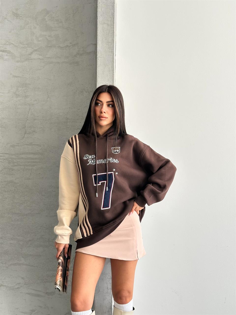 7 Sea Kapüşonlu Kahverengi Sweatshirt
