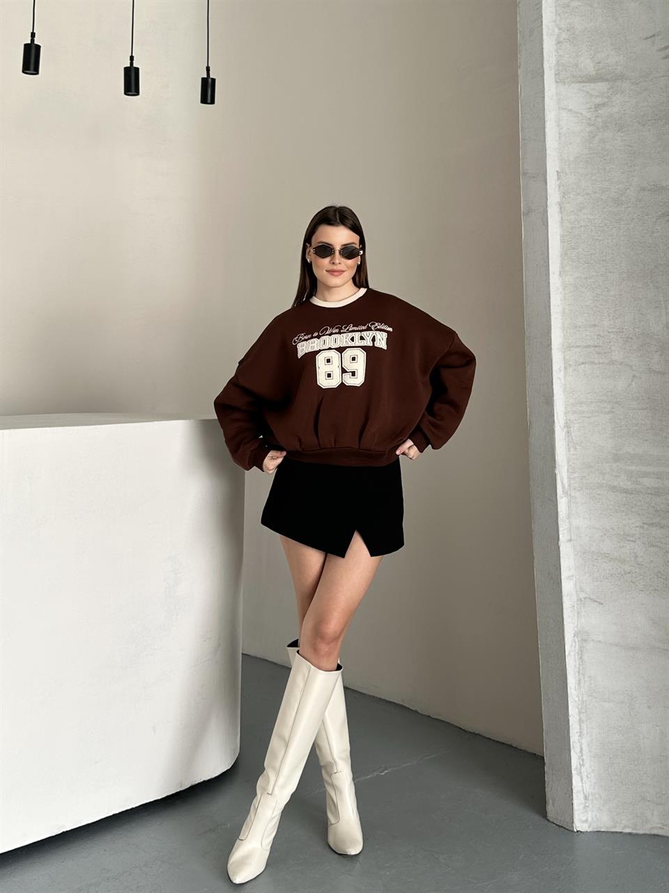 89 Brooklyn Nakışlı Kahverengi Sweatshirt