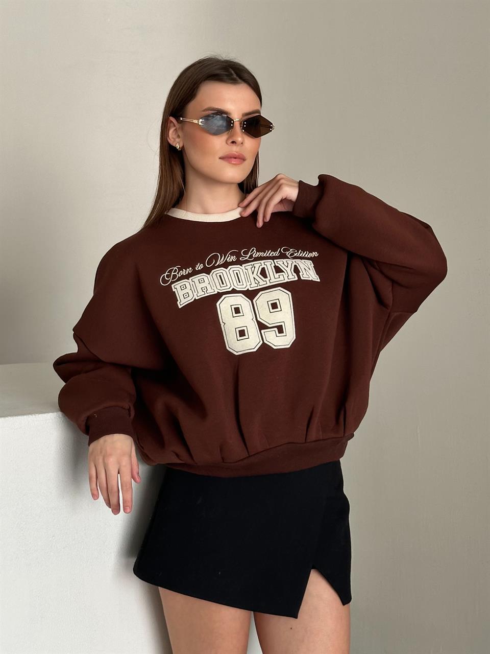 89 Brooklyn Nakışlı Kahverengi Sweatshirt