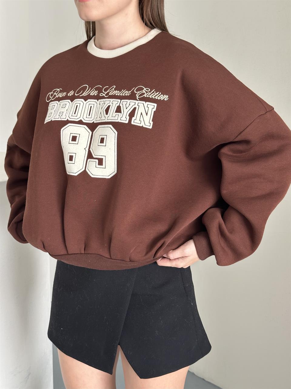 89 Brooklyn Nakışlı Kahverengi Sweatshirt