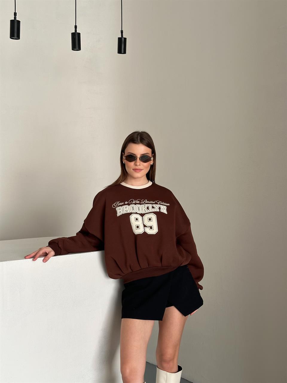 89 Brooklyn Nakışlı Kahverengi Sweatshirt