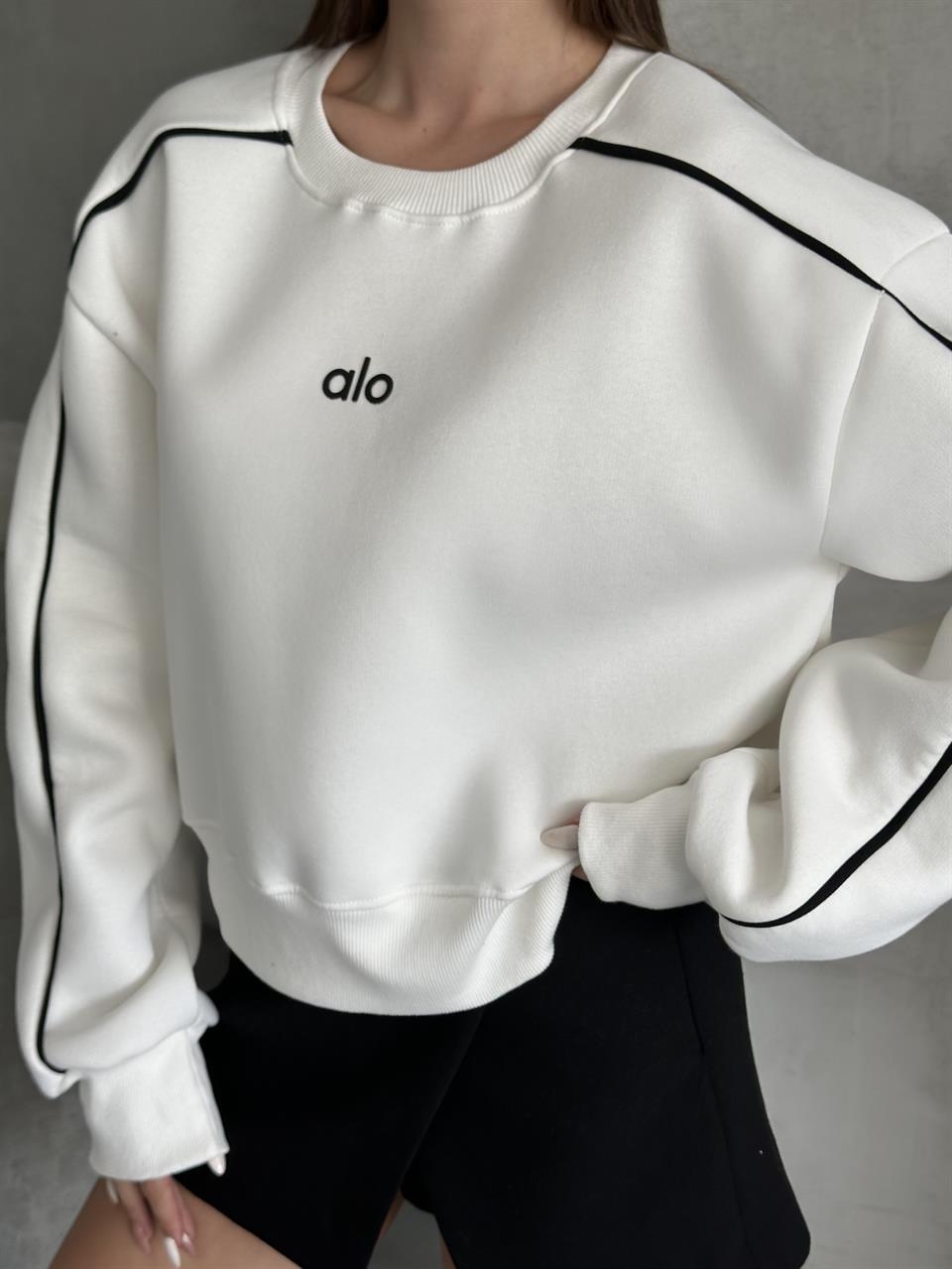 Active Şerit Detaylı Oversize Beyaz Sweatshirt