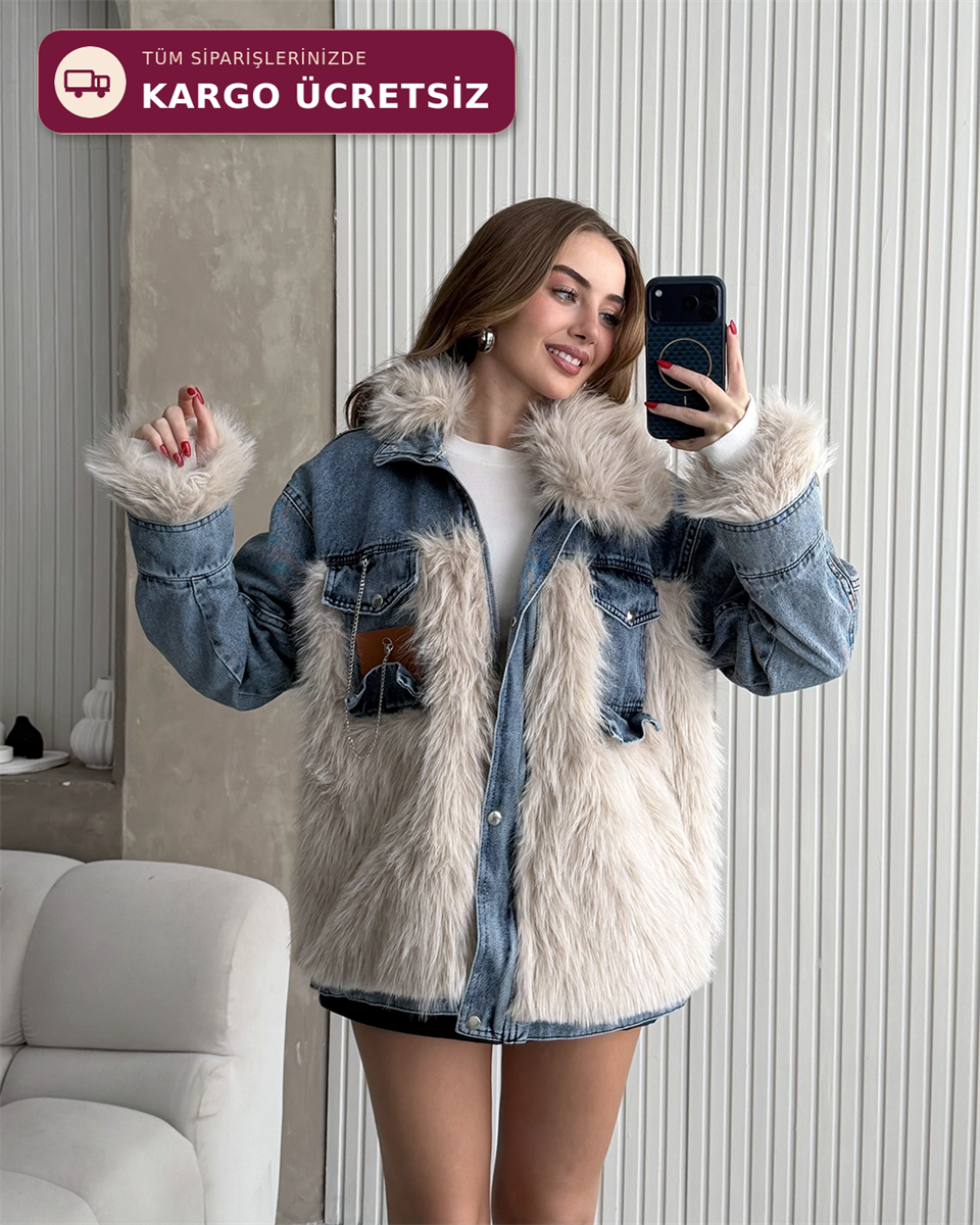 Alaska Kürk Detaylı Denim Ceket