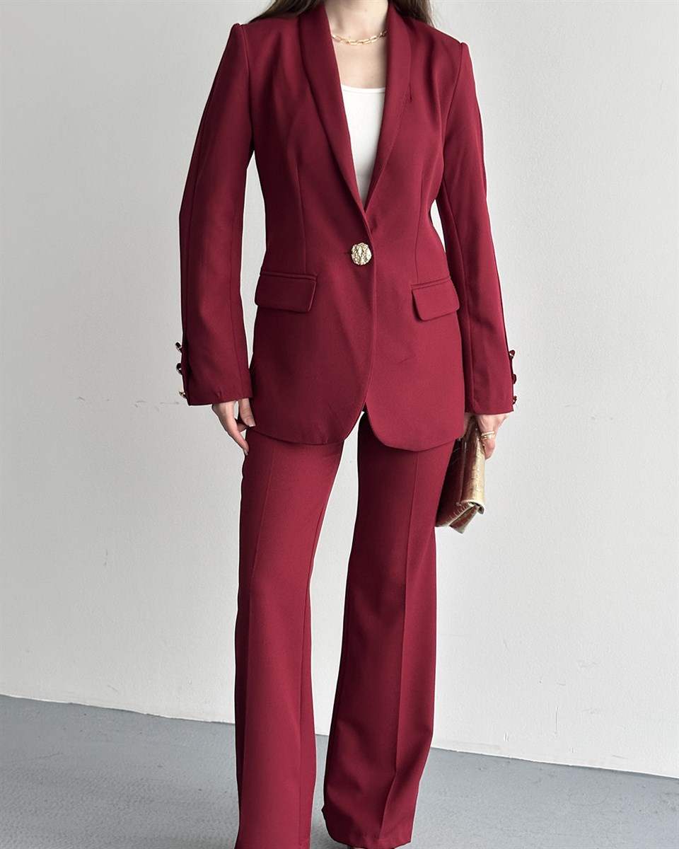 Amber Gold Düğmeli Bordo Ceket Takım