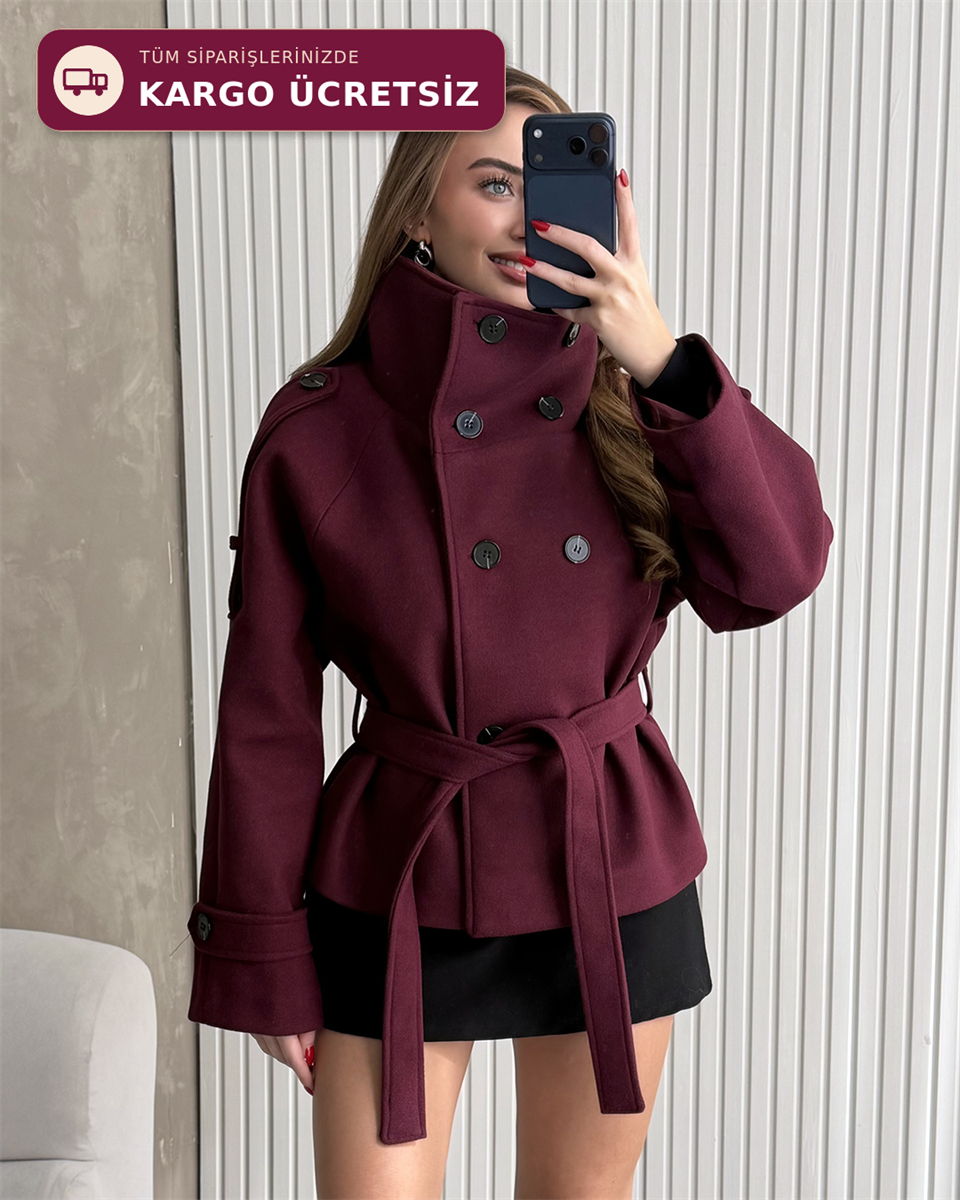 Apoletli Dik Yaka Mini Boy Bordo Kaban