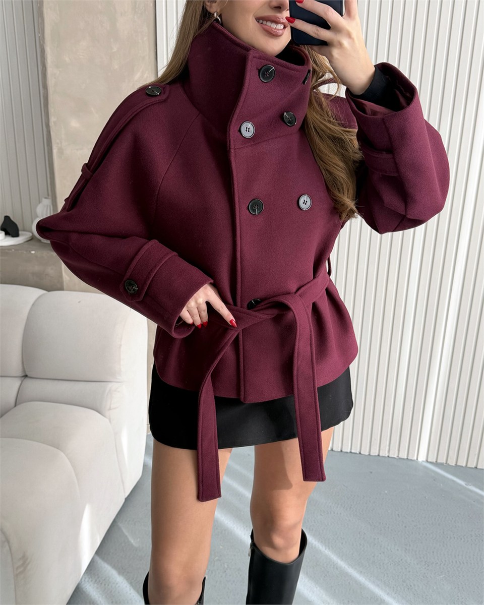 Apoletli Dik Yaka Mini Boy Bordo Kaban