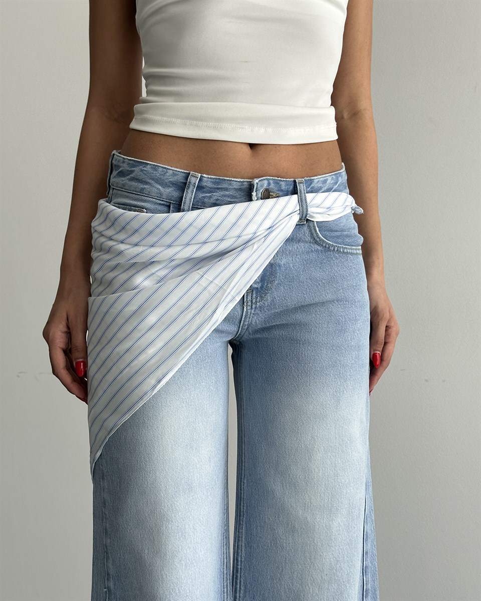 Asimetrik Şal Detaylı Cropped Wide Leg Jean