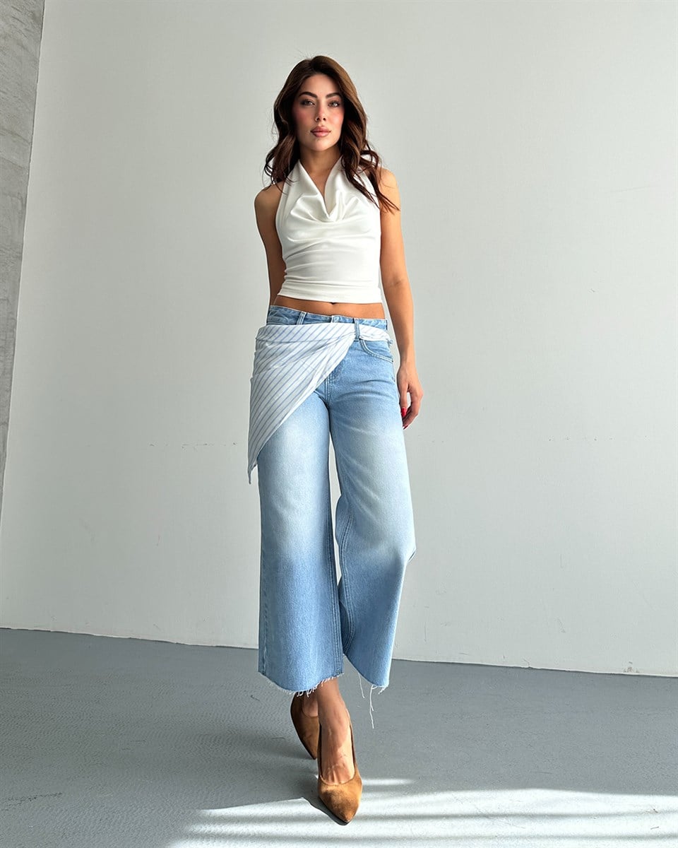 Asimetrik Şal Detaylı Cropped Wide Leg Jean
