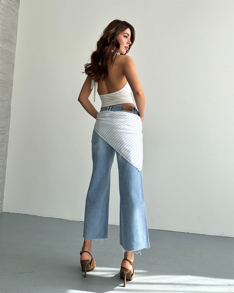 Asimetrik Şal Detaylı Cropped Wide Leg Jean