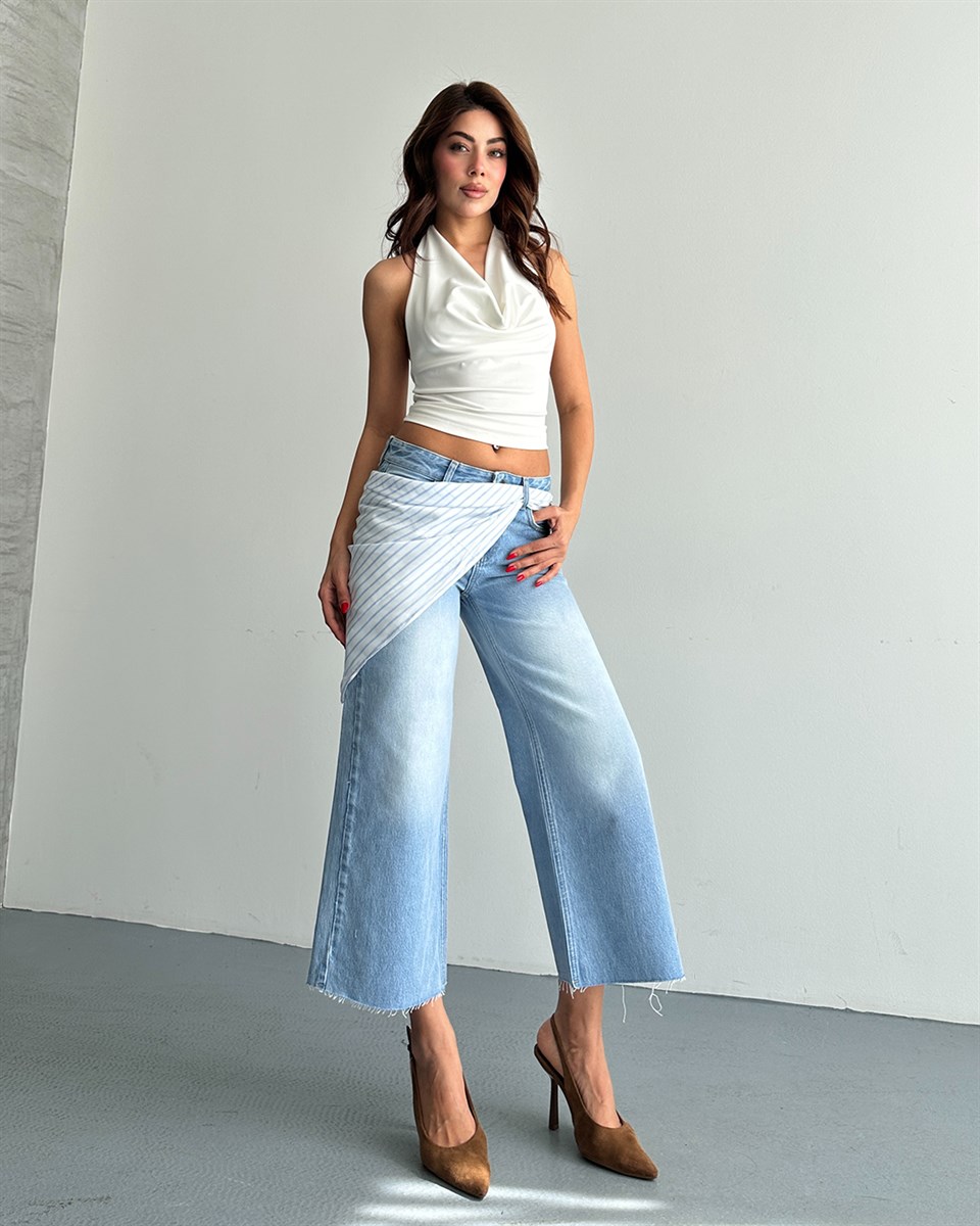 Asimetrik Şal Detaylı Cropped Wide Leg Jean