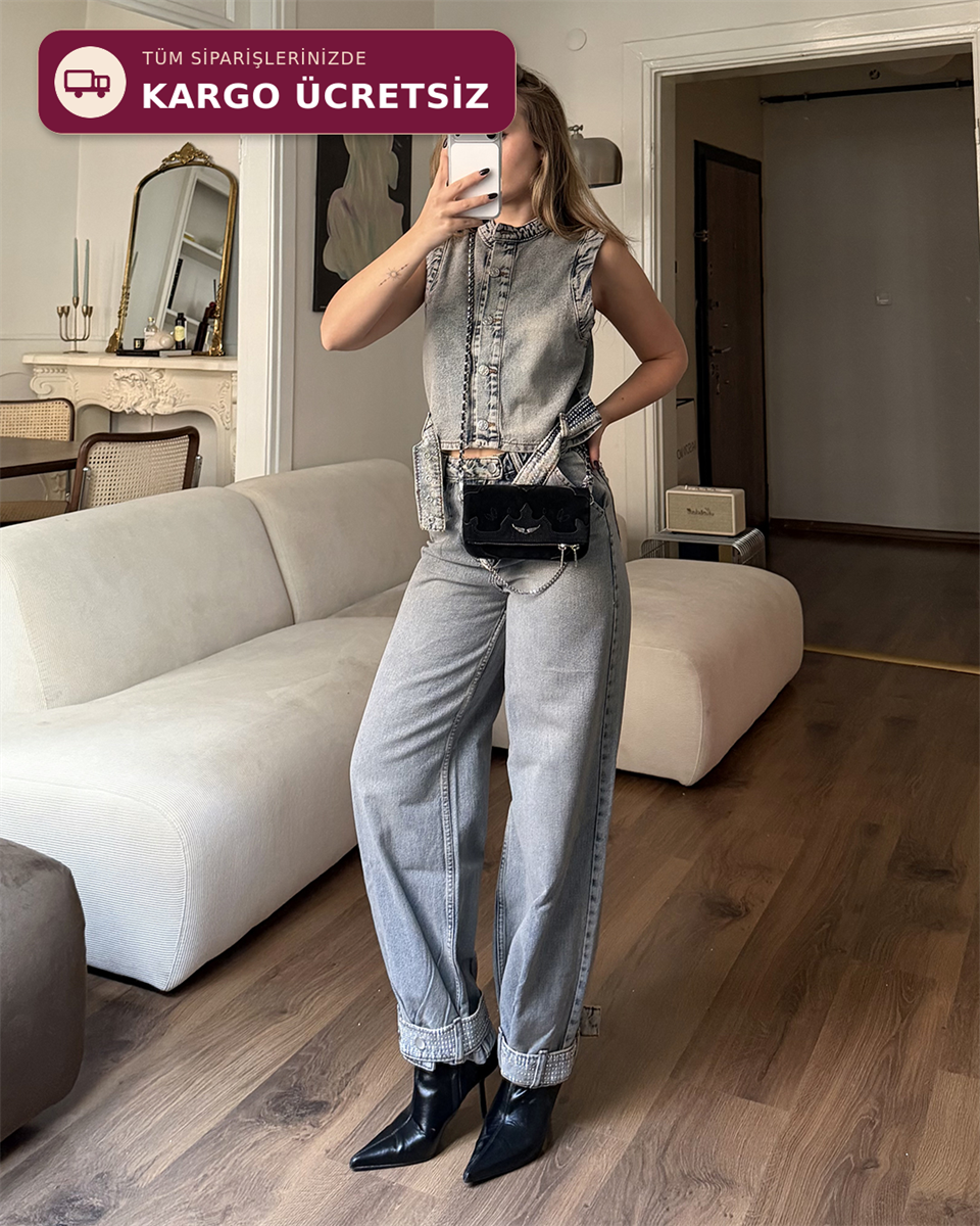 Astra Taş Detaylı Denim İkili Takım