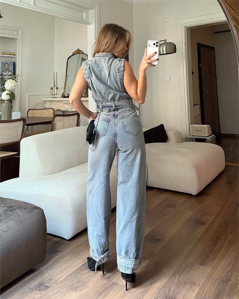 Astra Taş Detaylı Denim İkili Takım