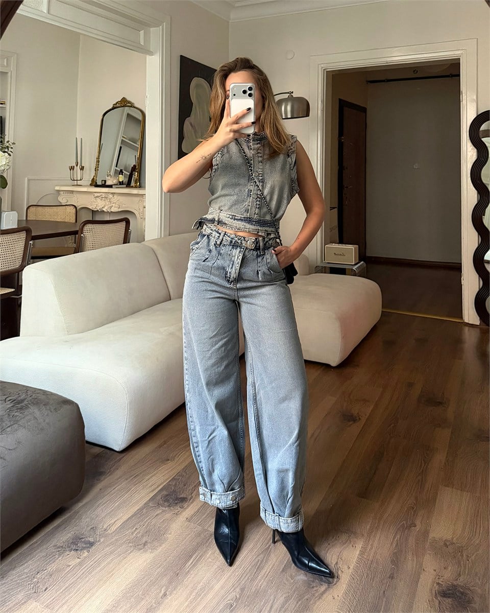 Astra Taş Detaylı Denim İkili Takım