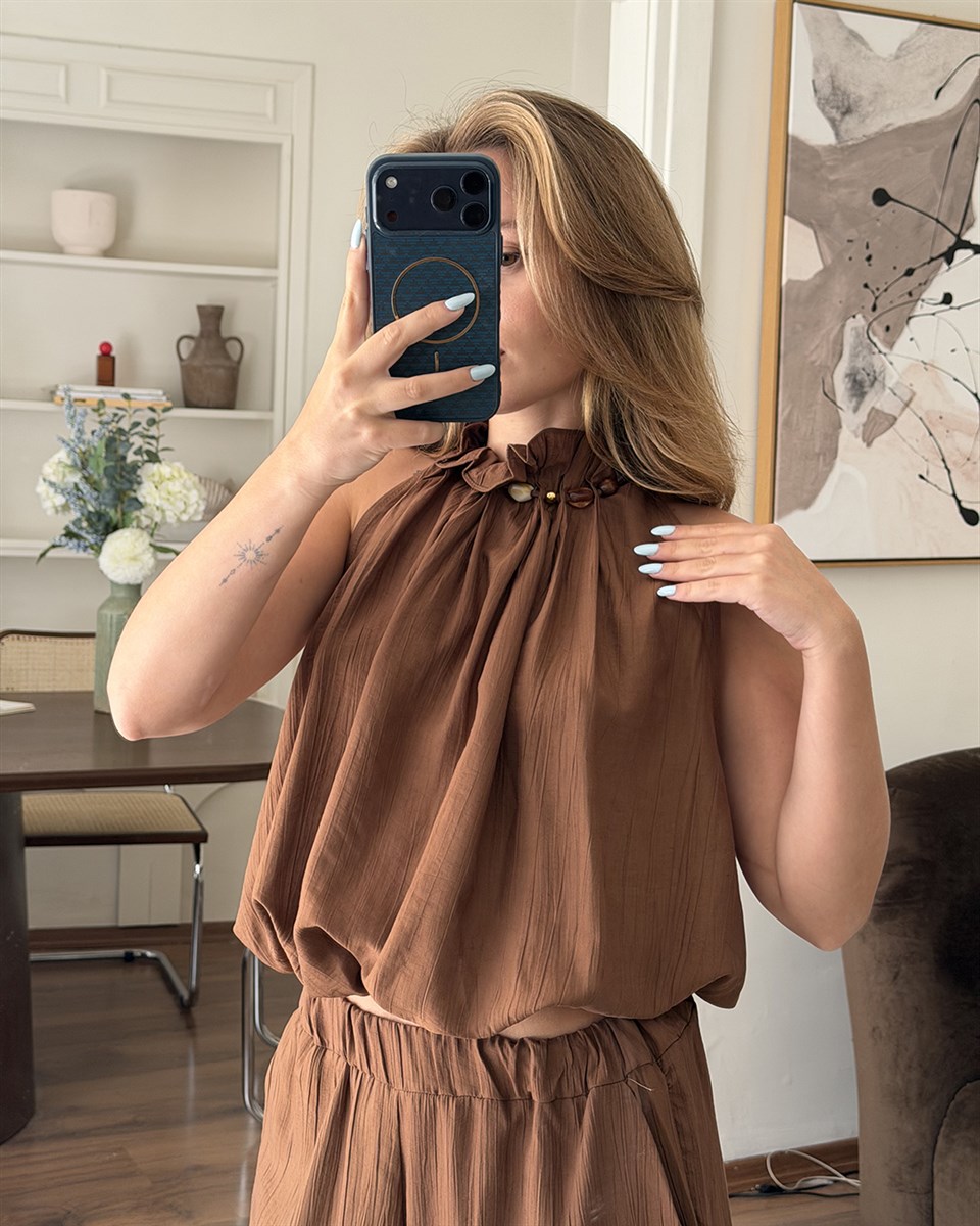 Athena Kahverengi Bluz Pantolon Takım