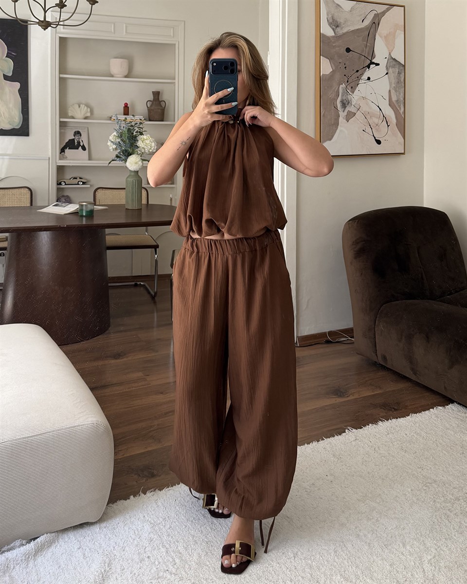 Athena Kahverengi Bluz Pantolon Takım
