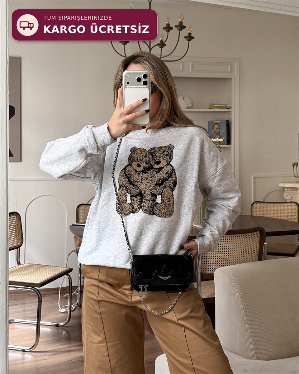 Ayıcık Figürlü Gri Sweatshirt