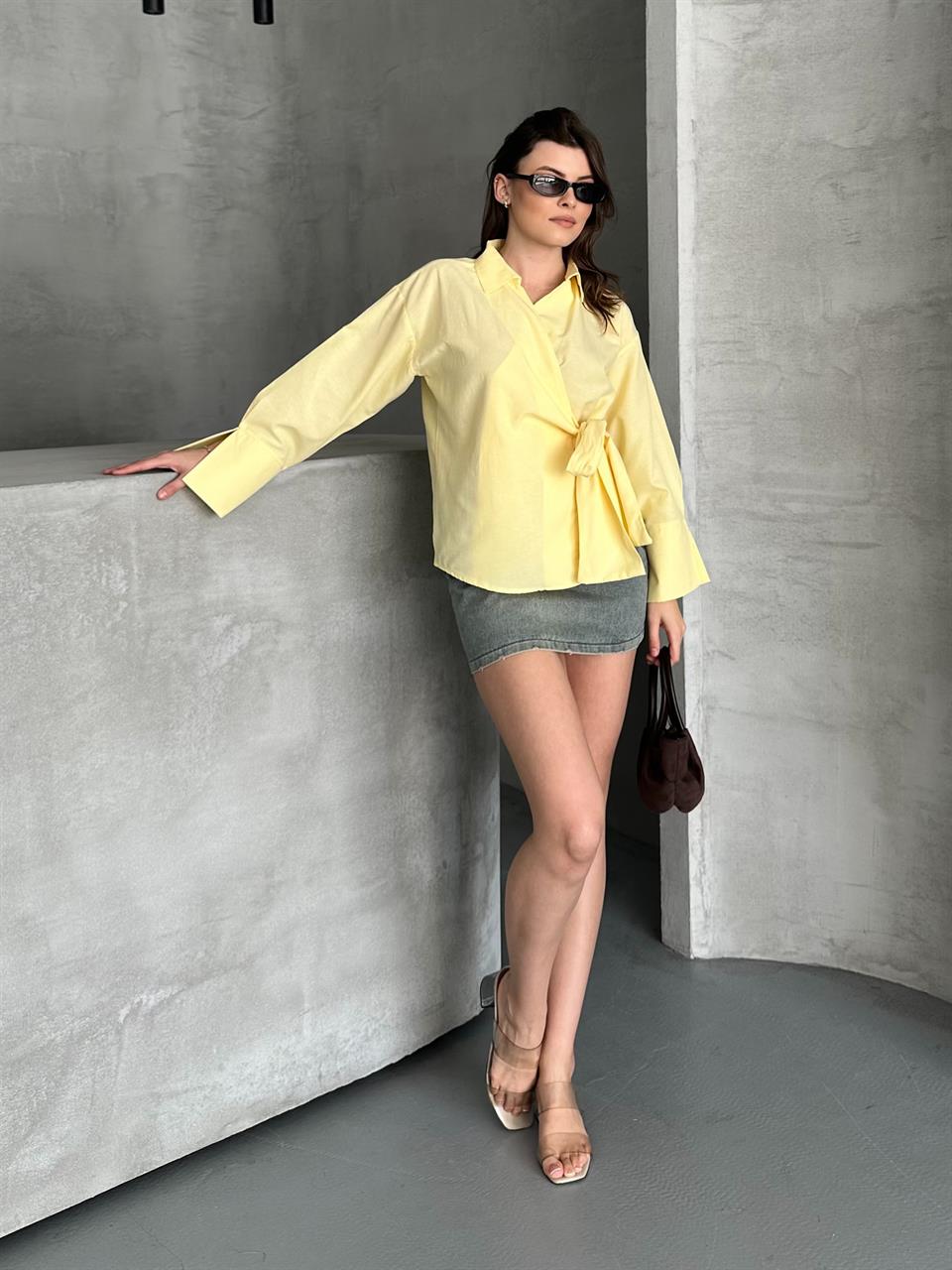 Bağlamalı Sarı Kimono Gömlek