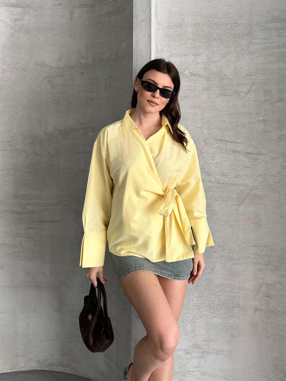 Bağlamalı Sarı Kimono Gömlek
