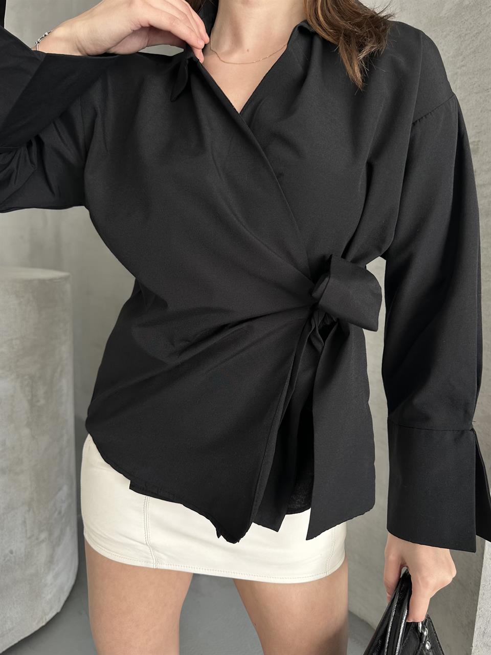 Bağlamalı Siyah Kimono Gömlek