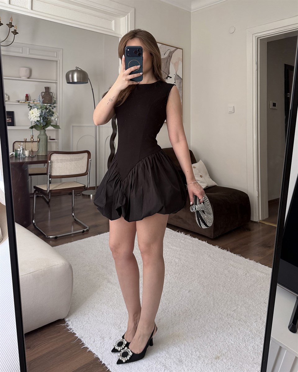 Balon Kesim Siyah Mini Elbise