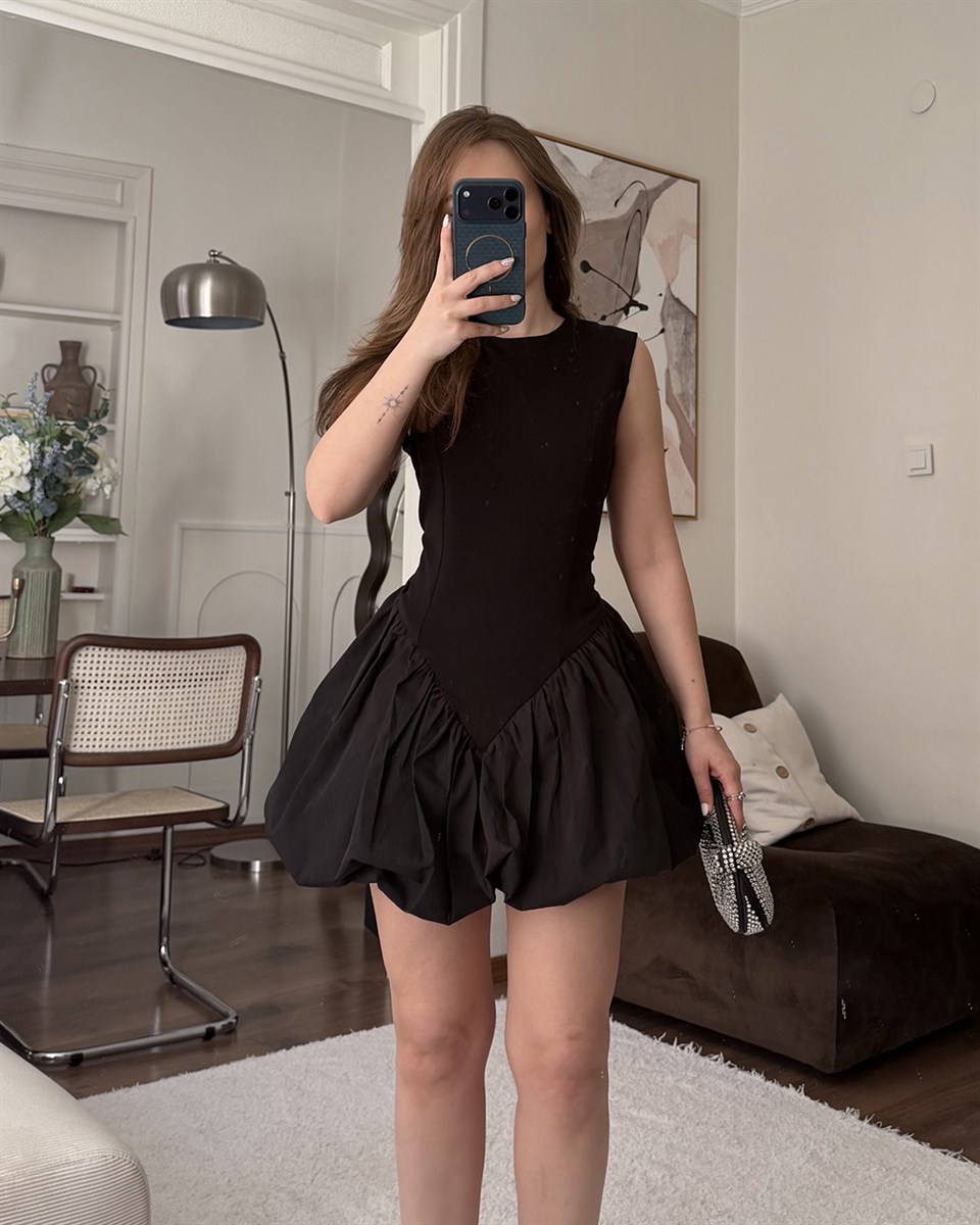 Balon Kesim Siyah Mini Elbise