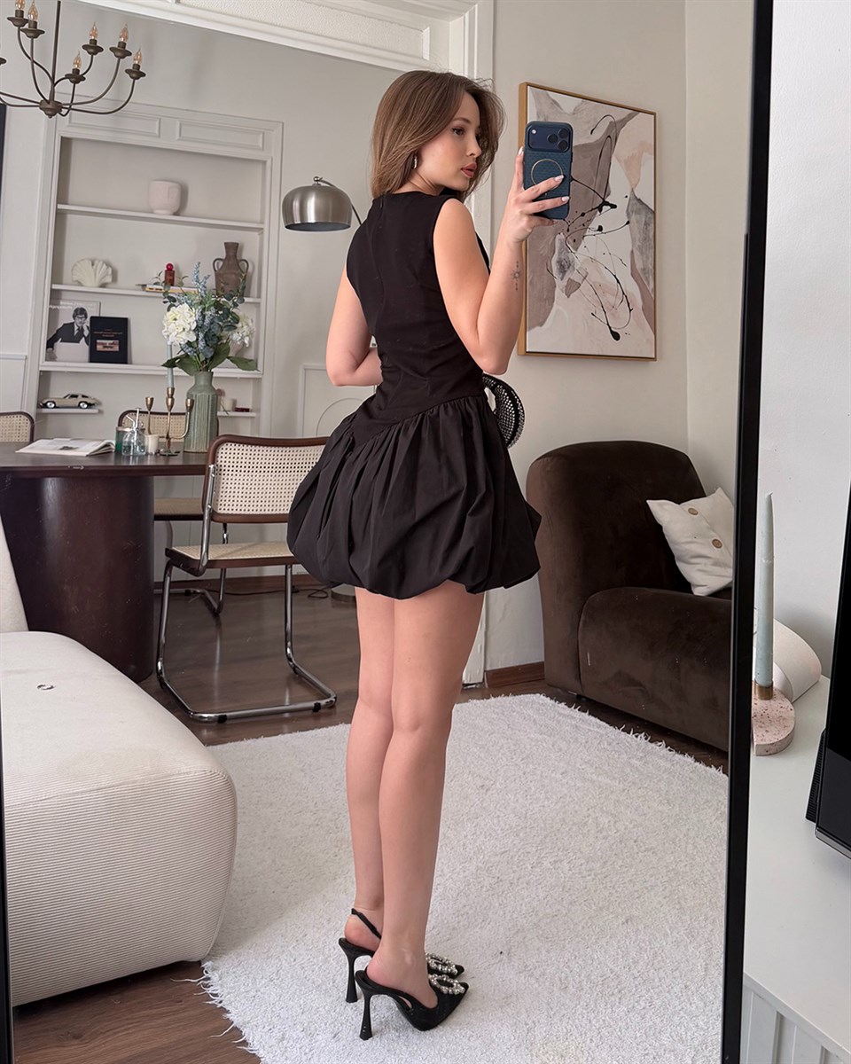 Balon Kesim Siyah Mini Elbise